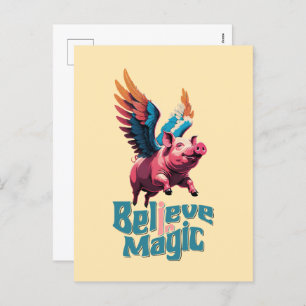 Cute Pig with Colourful wings   Believe in Magic  Holiday Postcard