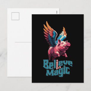 Cute Pig with Colourful wings Believe in Magic Holiday Postcard