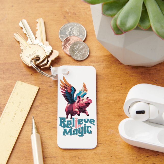 Cute Pig with Colourful wings | Believe in Magic  Key Ring (Desk)