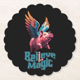 Cute Pig with Colourful wings Believe in Magic Paper Coaster