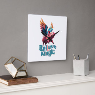 Cute Pig with Colourful wings Believe in Magic Square Wall Clock
