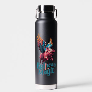 Cute Pig with Colourful wings Believe in Magic Water Bottle