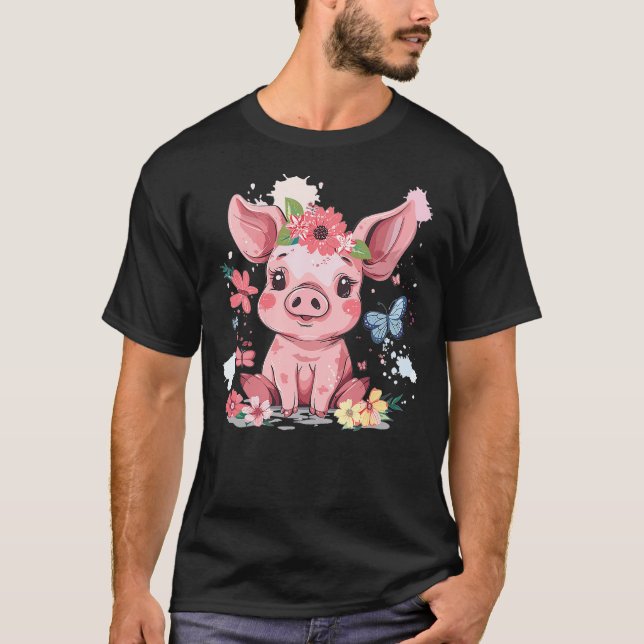 Cute Pig With Flowers I Kids Pig T-Shirt (Front)