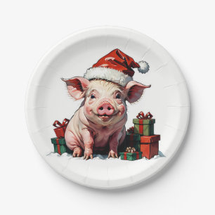 cute pig with gift boxes paper plate