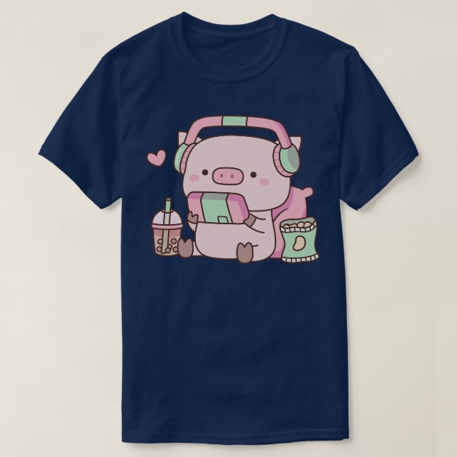 Cute Pig With Headphones and Snacks T-Shirt (Design Front)