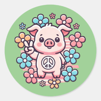 Cute Pig with Peace Sign & 70's Themed Flowers Classic Round Sticker
