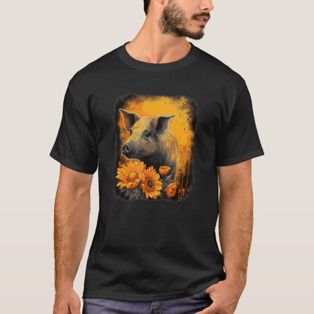 Cute pig with sunflower portrait orange and black  T-Shirt (Front)