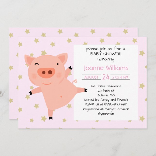 Cute Piggy Baby Shower For Girl Invitation (Front/Back)