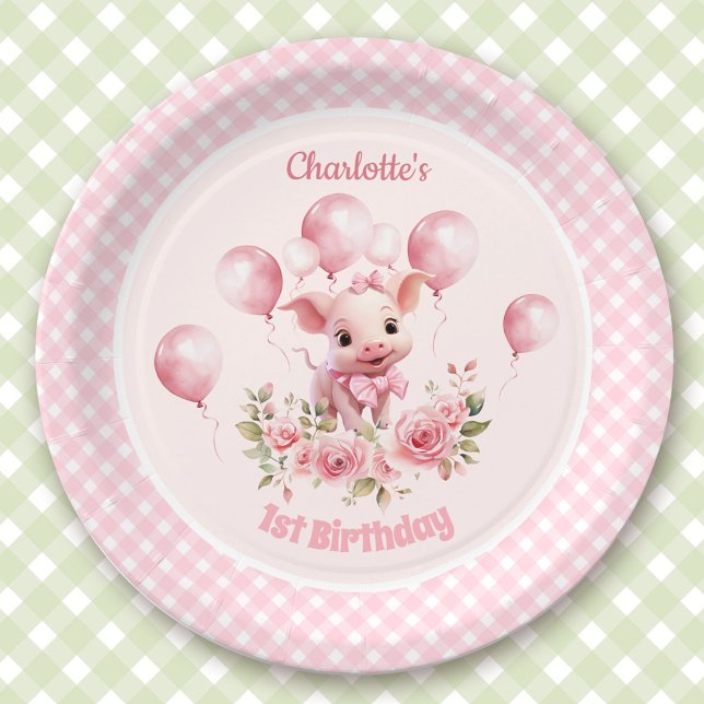 Cute Piggy Farm Animals Girl Pink 1st Birthday Paper Plate (Cute Piggy Farm Animals Girl Pink 1st Birthday Paper Plates)