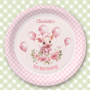 Cute Piggy Farm Animals Girl Pink 1st Birthday Paper Plate