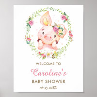 Cute Piggy Pig Pink Floral Baby Shower Welcome