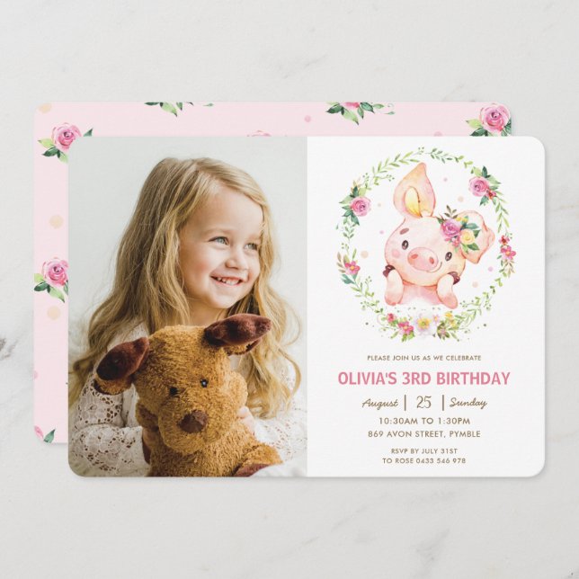 Cute Piggy Pink Floral Greenery Birthday Photo Invitation (Front/Back)