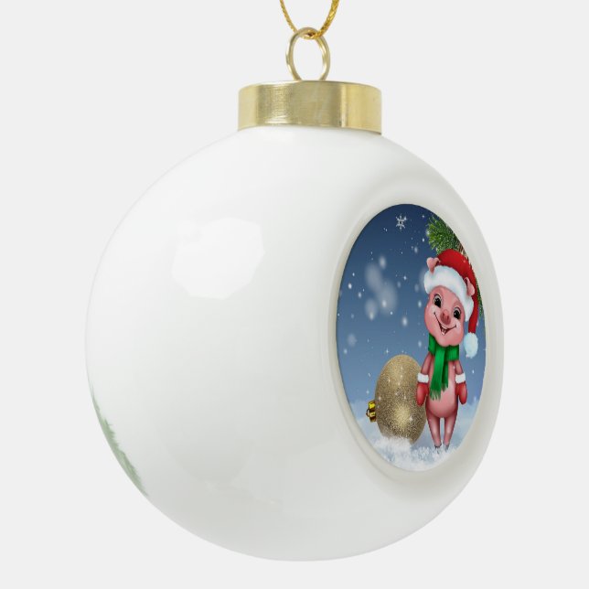 Cute Piggy Santa Ceramic Ball Christmas Ornament (Left)