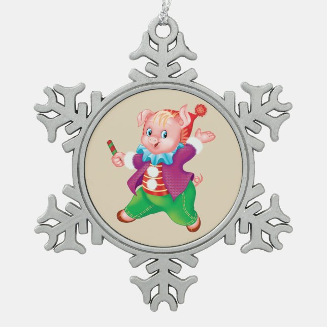 cute piggy snowflake pewter christmas ornament (Front)