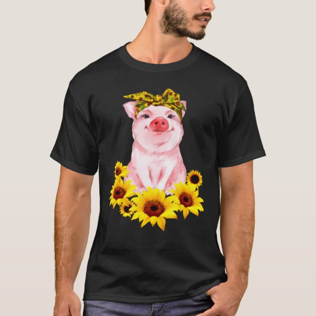 Cute Piggy With Sunflower Tiny Pig With Bandanna F T-Shirt (Front)