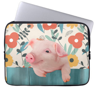 Cute Piglet And Cheerful Blossoms Laptop Sleeve