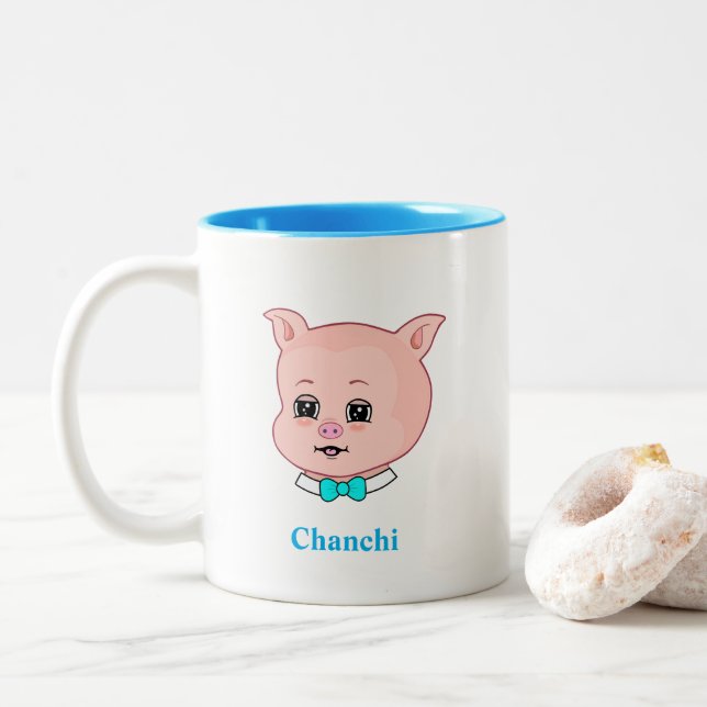 Cute Piglet Cartoon & Calligraphy Two-Tone Coffee Mug (With Donut)
