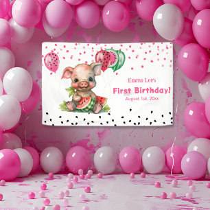 Cute Piglet Eating Watermelon Birthday Banner