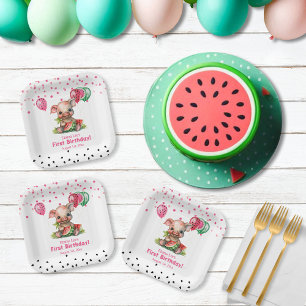 Cute Piglet Eating Watermelon Birthday Paper Plate