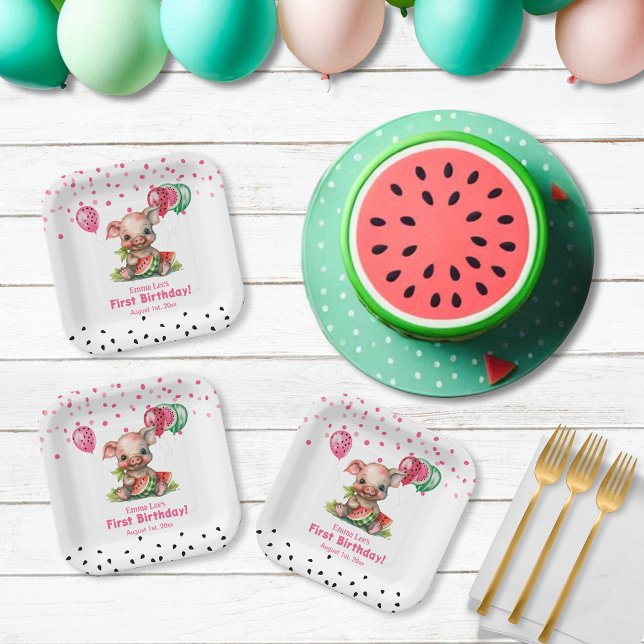 Cute Piglet Eating Watermelon Birthday Paper Plate (Creator Uploaded)