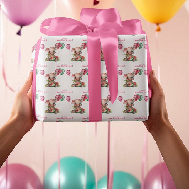 Cute Piglet Eating Watermelon Birthday Wrapping Paper (Creator Uploaded)