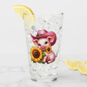 Cute Piglet in Pink Cowboy Hat With Sunflowers Glass