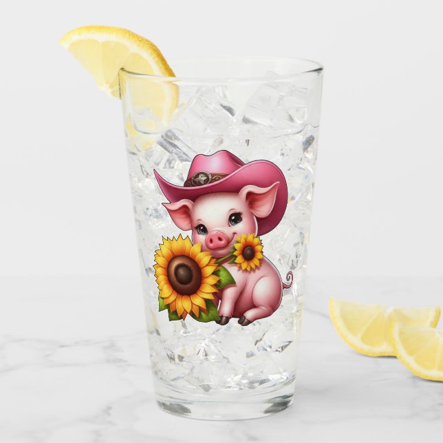 Cute Piglet in Pink Cowboy Hat With Sunflowers Glass (Front Ice)