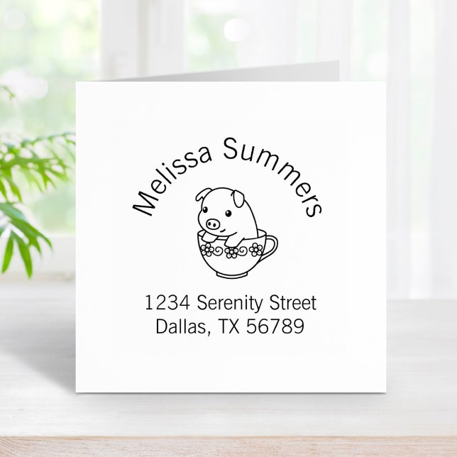 Cute Piglet Pig in a Teacup Arch Address Rubber Stamp (Creator Uploaded)