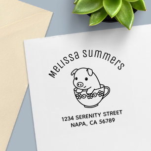 Cute Piglet Pig in a Teacup Arch Address Self-inking Stamp
