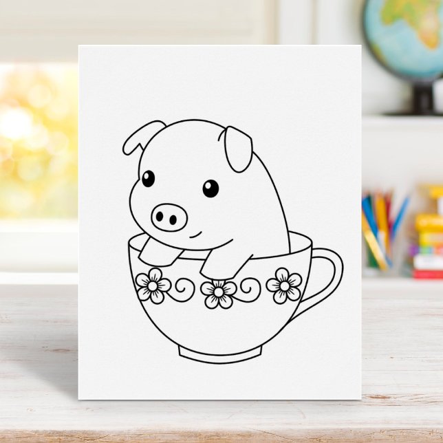 Cute Piglet Pig in a Teacup Colouring Page Poster (Creator Uploaded)