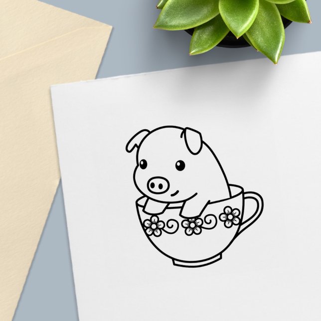 Cute Piglet Pig in a Teacup Self-inking Stamp (Creator Uploaded)