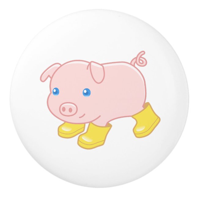 Cute Piglet Pig in Yellow Rubber Boots Ceramic Knob (Front)