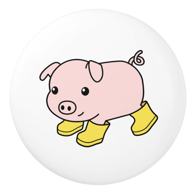 Cute Piglet Pig in Yellow Rubber Boots  Ceramic Knob (Front)