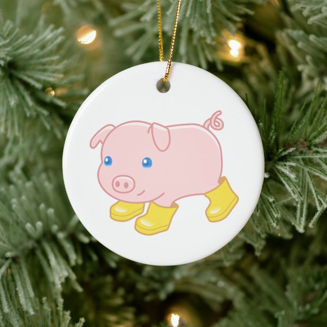 Cute Piglet Pig in Yellow Rubber Boots Ceramic Ornament (Tree)