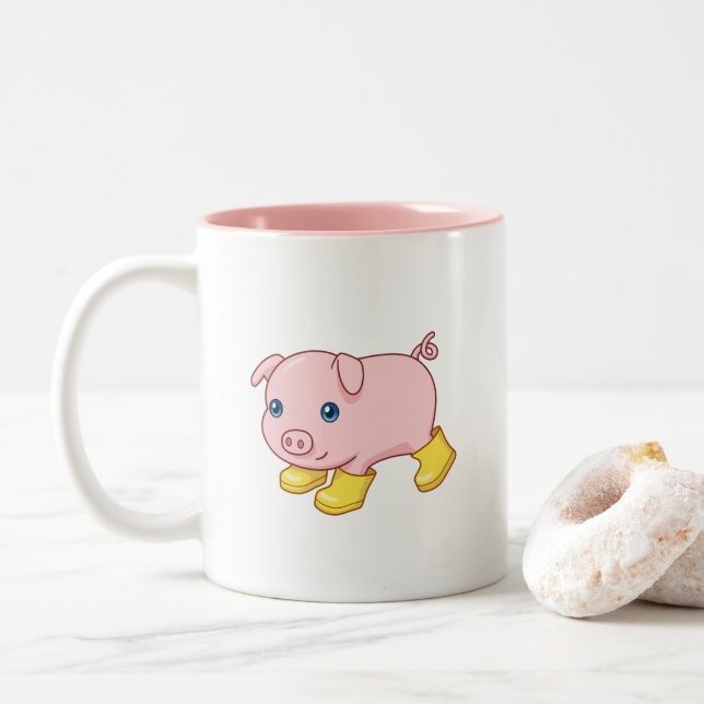 Cute Piglet Pig in Yellow Rubber Boots Two-Tone Coffee Mug (With Donut)