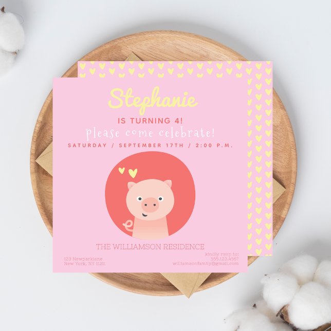 Cute Piglet  Pink Girls Birthday Party Invitation (Creator Uploaded)