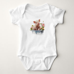 Cute Piglet with Water and Flowers Baby Bodysuit