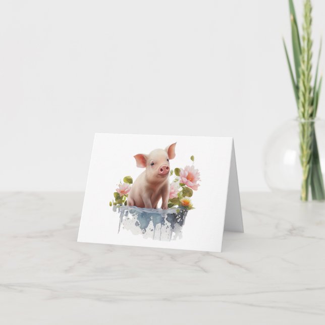 Cute Piglet with Water and Flowers BLANK  Card (Front)