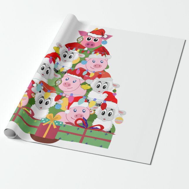 Cute Pigs and Sheep Christmas Tree Wrapping Paper (Unrolled)