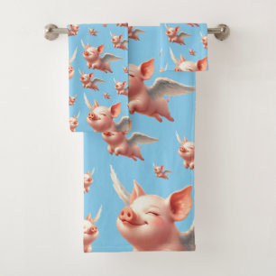 Cute Pigs Flying Blissfully in Sunny Blue Skies Bath Towel Set