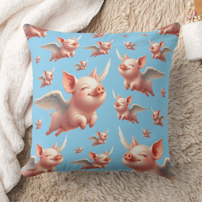 Cute Pigs Flying Blissfully in Sunny Blue Skies Cushion (Blanket)