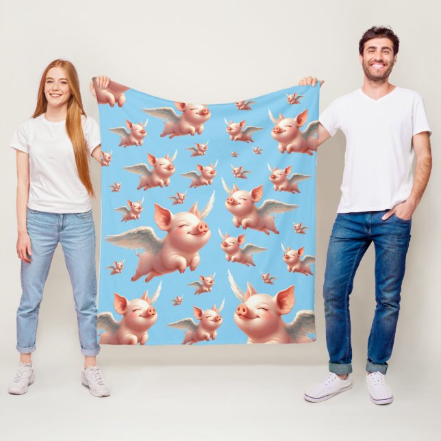 Cute Pigs Flying Blissfully in Sunny Blue Skies Fleece Blanket (In Situ)