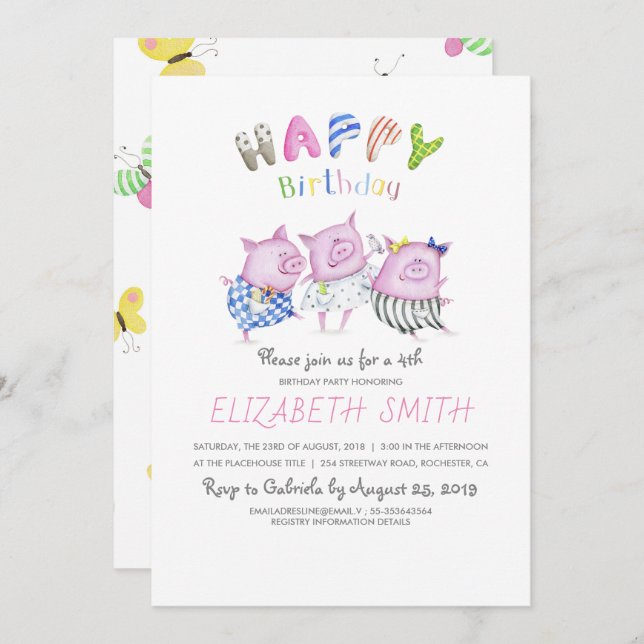 Cute Pigs Happy Birthday Party Invitation (Front/Back)