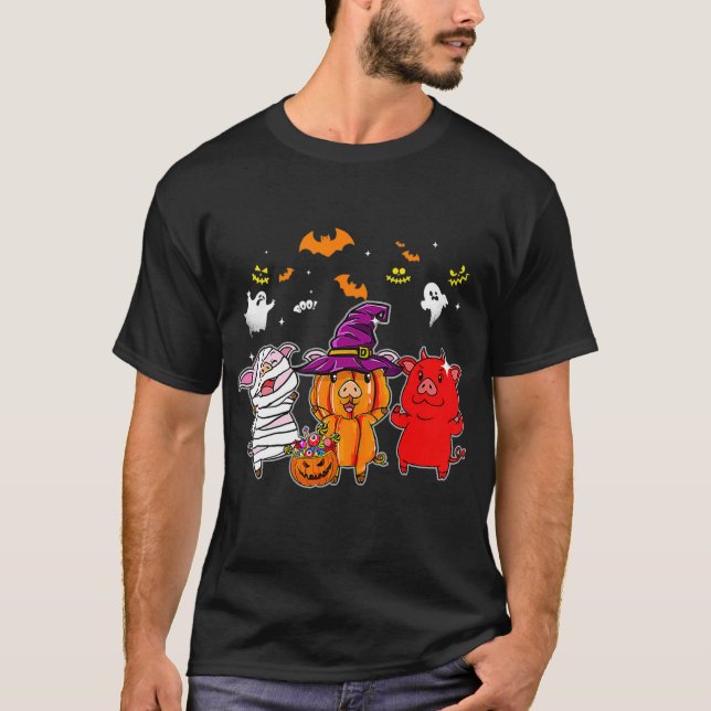 Cute Pigs In Mummy Wicked Witches Devil Spooky T-Shirt (Front)