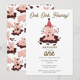 Cute Pigs Playing in Mud Farm Animals 1st Birthday Invitation