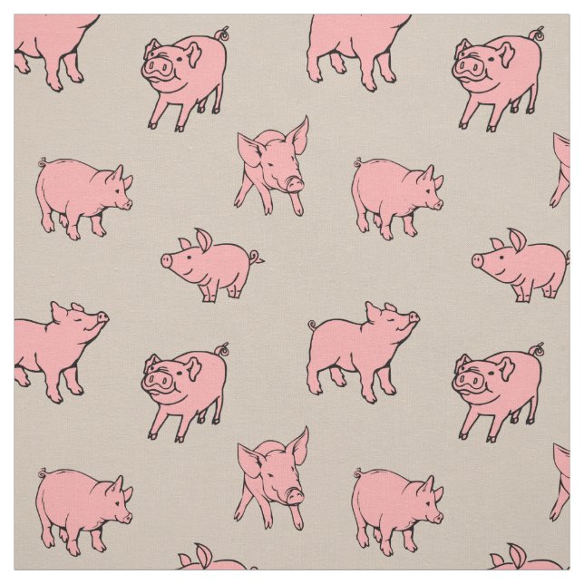 Cute Pigs Printed Fabric Pink and Tan (Swatch)