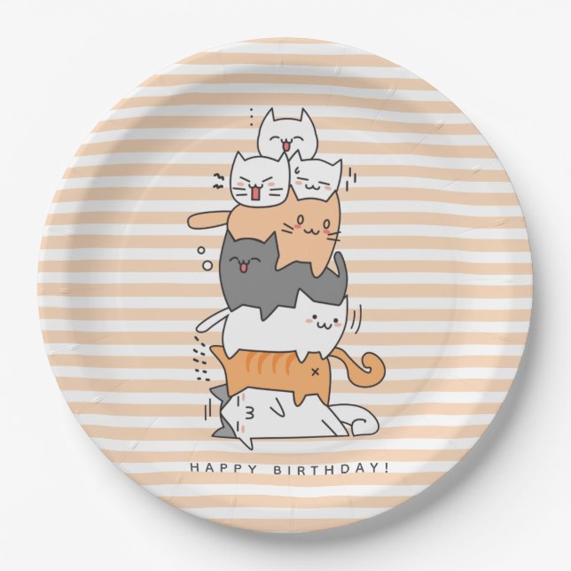 Cute Pile of Cats Happy Birthday Paper Plate (Front)