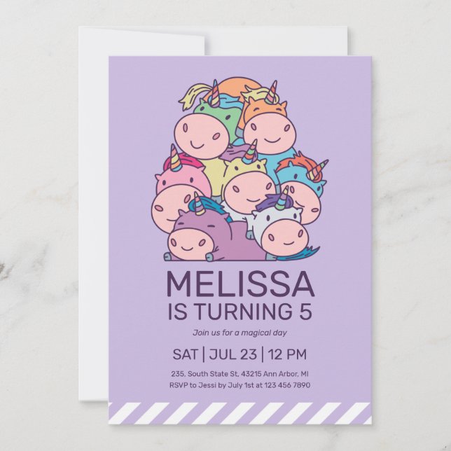 Cute Pile of Unicorns Purple Kids Birthday Invitation (Front)