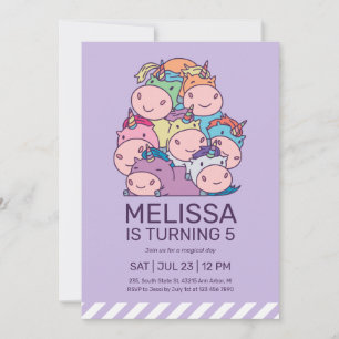 Cute Pile of Unicorns Purple Kids Birthday Invitation