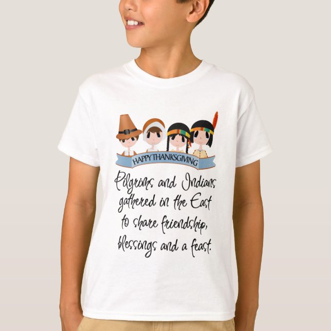 Cute Pilgrim Indiand poen Thanksgiving T-Shirt (Front)